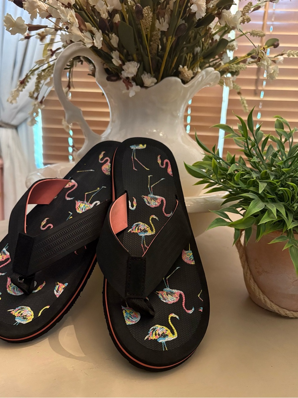 Black Flip Flops with Colorful Flamingo Print